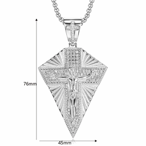 Detail view of a silver Jesus crucifix pendant with 76mm x 45mm dimensions and zircons