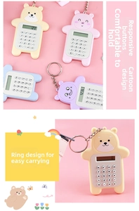 Detail of mini bear pocket calculator with key ring attachment and functional buttons