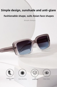 Macro view of square sunglasses with gray frosted frame and blue gradient UV protective lenses