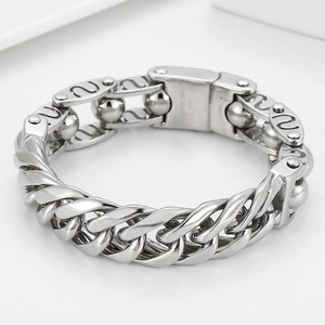 Herren Armband Edelstahl Panzerkette Klobig Punk Industrial Stil Perlenkette Schmuck Poliert Silberfarben
