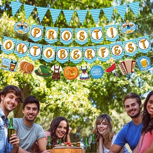 Blue and white Oktoberfest banner set with Prost letters and Bavarian triangle flags