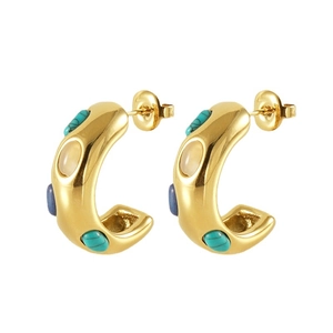 18k gold plated stainless steel C-shape earrings with turquoise and gemstones