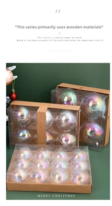 Detailed view of iridescent Christmas balls in clear display packaging for tree decor