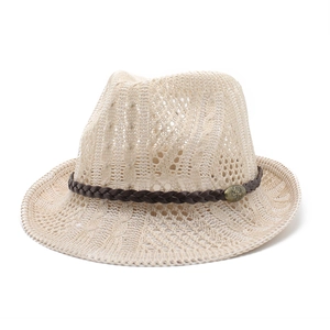 Classic cream woven fedora hat with mesh pattern and dark brown decorative band