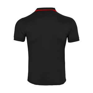 Detail view of the black short-sleeve polo shirt back with red contrast collar stripes