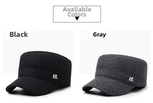Detail view of winter military flat top caps in black and gray with metal R logo