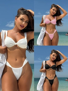 Women Bikini Swimsuit Top And Bottoms Twist Front Knot Back Tie High Cut Solid Color Beachwear Sexy Bathing Suit