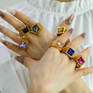 Men stainless steel signet rings with colorful square gemstones on hands