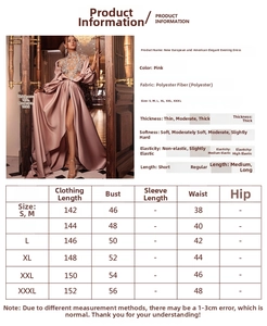 Size chart for pink high-waist evening dress detailing length, bust, and waist measurements