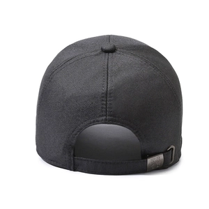 Classic black baseball cap seen from back view showing adjustable metal buckle and stitching