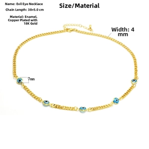 Detailed macro view of gold-plated evil eye necklace with five blue enamel pendants