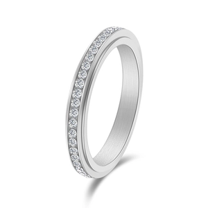 Minimalist silver rotating spinner ring for women with cubic zirconia inlay stones