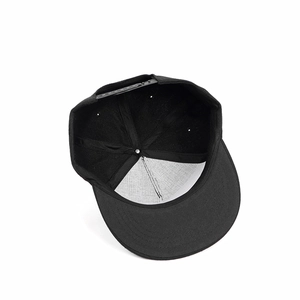 Black canvas snapback hat with flat brim and adjustable strap shown from 45-degree angle