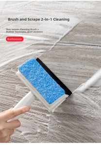 Dual-function 2-in-1 bathroom cleaning brush with sponge scrubber and rubber squeegee blade