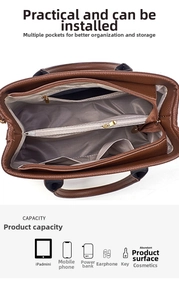 Detailed internal structure of brown leather tote showing multiple pockets and storage capacity