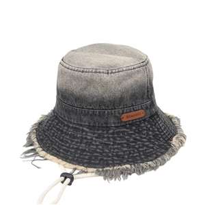 Frayed denim bucket hat with gradient wash, large brim and adjustable windproof drawstring