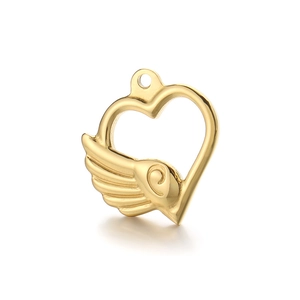 Polished gold stainless steel heart pendant with angel wings and bail on white background
