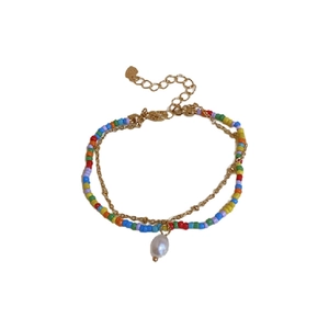 Rainbow beaded double-layer bracelet with golden chain and white pearl pendant