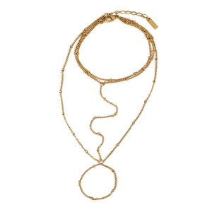 Golden multi-layer stainless steel hand chain body jewelry with bead accents and lobster clasp
