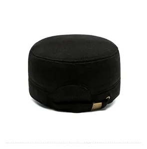 Detail view of the adjustable metal buckle and strap on back of black winter flat top cap