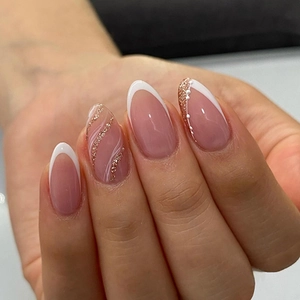 Almond Press On Nails French Tip White Nude Pink Silver Glitter Wave Lines Elegant False Nails For Women DIY Manicure
