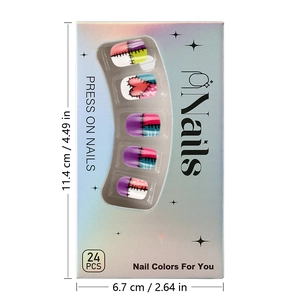 Short glossy press-on nails with heart graffiti design in laser rainbow packaging