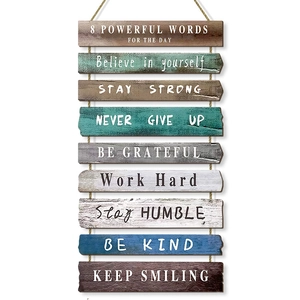 Inspirational wooden wall hanging decor with 9 colorful textured plaques on rustic rope
