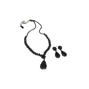 Elegant water drop necklace and earrings set with black crystals and silver-tone chain
