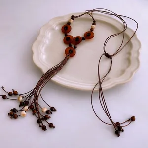 Vintage Ethnic Wood Bead Necklace Handmade Woven Long Tassel Bohemian Resin Amber Circle Pendant Jewelry For Women