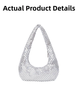 Detailed view of silver metal mesh Hobo bag with reflective sequins and sturdy zipper