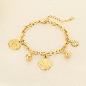 18K Gold Plated Stainless Steel Charm Bracelet Women Sun Disc Embossed Coin Sphere Pendants Bohemian Vintage Adjustable