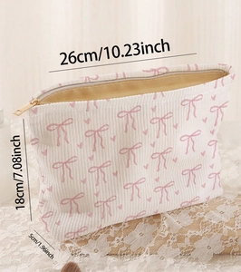 Detailed size specifications for corduroy cosmetic bag with pink bow and heart pattern