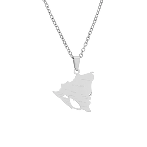 Detailed silver stainless steel Nicaragua map pendant necklace with engraved city names