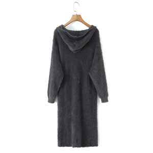 Detail view of the plush mohair texture and hooded design on a long dark grey cardigan