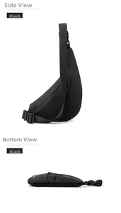 Close-up of side and bottom views of a black waterproof crossbody chest bag with zippers