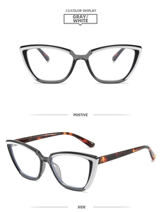 Detail view of square cat-eye TR glasses frame in gray and white with tortoiseshell temples