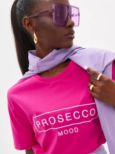 Women Pure Cotton T-Shirt Short Sleeve Crew Neck Prosecco Mood Letter Print Loose Casual Chic Streetwear Top