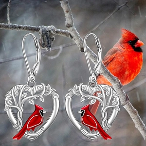 Chinese style heart earrings featuring a red cardinal bird on silver branches