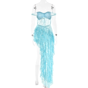 Detailed view of blue lace strapless dress with ruffled asymmetrical hem and back tie