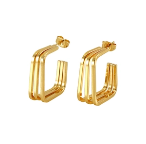 Detailed view of layered geometric gold earrings with a modern stacked square U-shape design