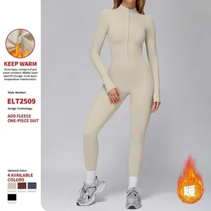 Women's Long Sleeve Fleece Lined Yoga Jumpsuit Slim Fit Half Zip Workout Bodysuit Athletic Unitard Top And Bottom Romper