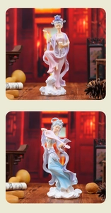 Detail of resin Dunhuang flying fairy figurines with pipa and lotus on cloud bases