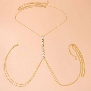 Elegant gold body chain for women featuring eleven sparkling round rhinestones on the chest