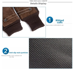 Macro detail of elastic ribbed cuffs and anti-slip silicone grip on winter pigskin gloves