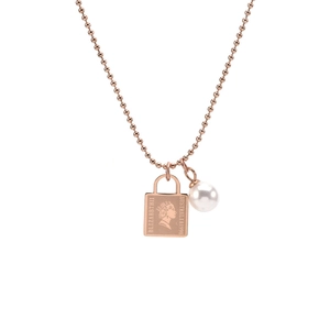 Rose gold beaded chain necklace with pearl and Queen Elizabeth II portrait lock pendant