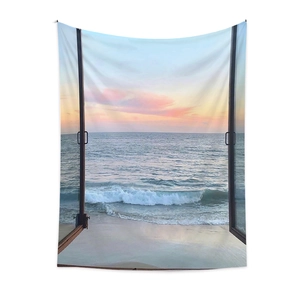 Detail of bohemian tapestry featuring a realistic sunset beach window view and ocean scenery