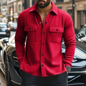 Detail of red slim-fit casual jacket featuring dual chest pockets and turn-down collar