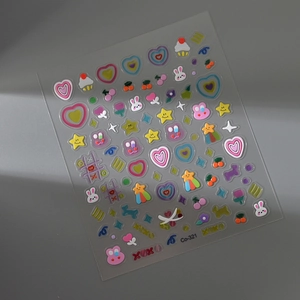 Detail of 5D jelly nail stickers featuring cute pink hearts, bunnies, and cherry motifs
