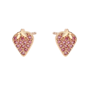 Pink strawberry stud earrings in 18k gold plated copper with sparkling cubic zirconia
