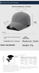 Size chart for baseball cap with brim depth and circumference measurement guide